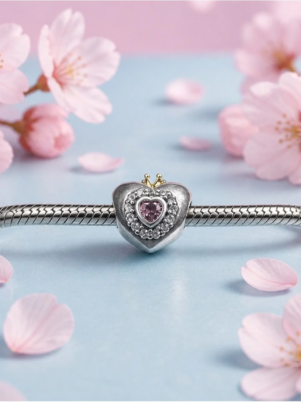 Heart Accent Silver Charm Bead with Pink Stone new with out tag